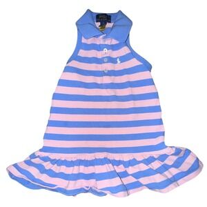 Polo Ralph Lauren Sleeveless Polo Dress Toddler 2 Pink Blue Stripe Ruffle Preppy